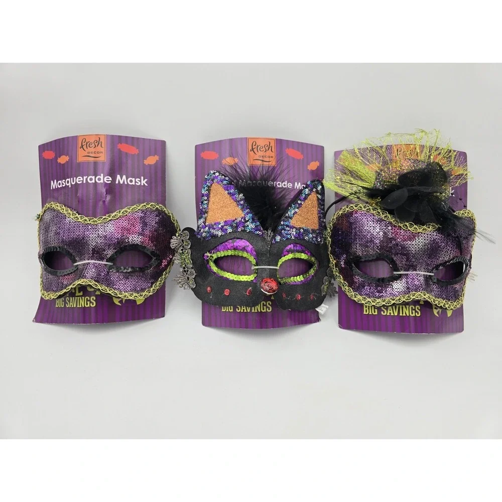 Lot Of 3 Halloween Masquerade Masks Sequin Sparkle Cat Purple Green